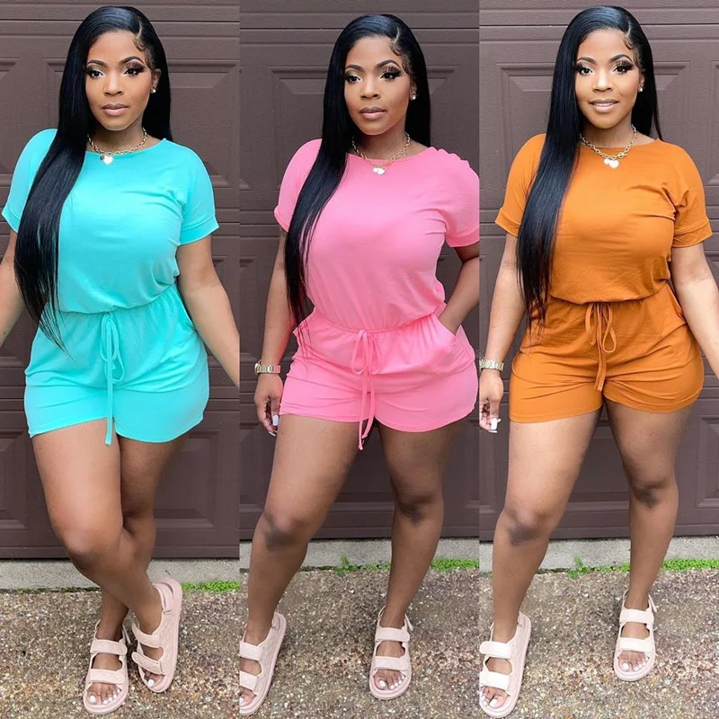 

2021 Summer Fashion Solid Color Crewneck Loose Ladies Loose Elegant Casual Jumpsuits And Rompers Women One Piece Jumpsuits, Picture