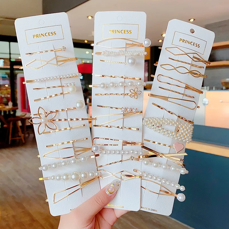 

Korean New Style Combination Golden Alligator In Groups of Three Pearl Plastic Alloy Hair Clips for Hai Accessories Women Girl