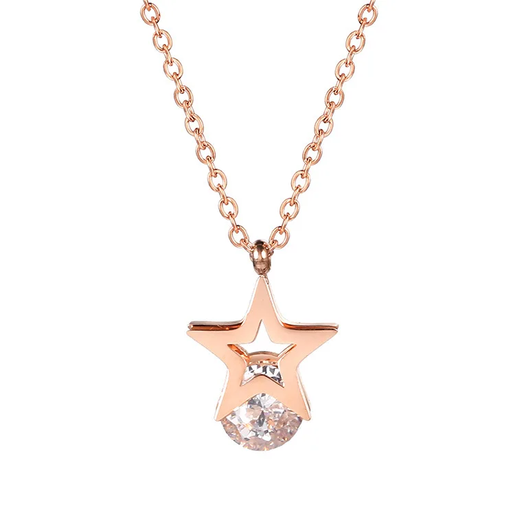 

Stainless Steel Rose Gold CZ Stone Star Charm Choker Necklace For Women