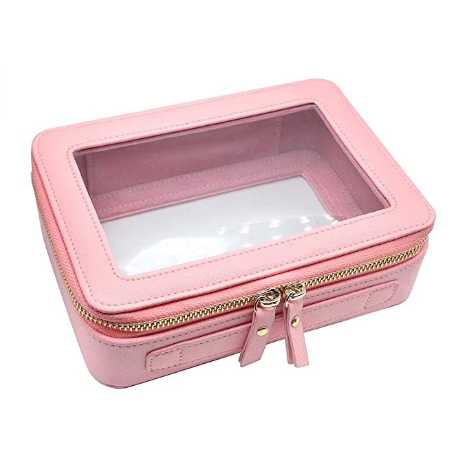 

Clear Makeup Bag Pink Leather Cosmetic Bag Travel Makeup Beauty Organizer