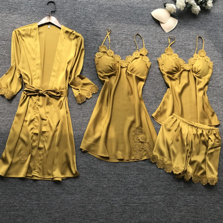 

Hot new retail products four pieces sets women summer homewear bridal robe silk bathrobe