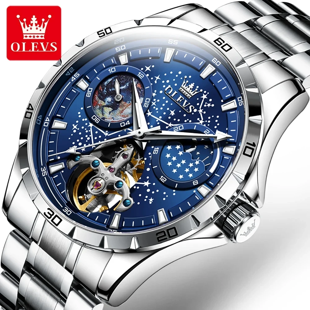 OLEVS 6689 Hot Sell Men Automatic Watch Skeleton Multifunction Dial Stainless Steel Mechanical Watches Luxury Blue WristWatches
