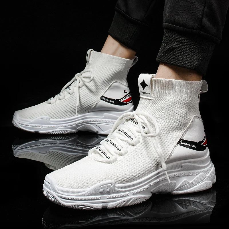
2019 Trendy Thick Bottom High Neck Breathable Fashion Sneaker Men Fly-knit Sport Running Shoes for Men Socks Shoes SH-866 
