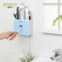 

ECOCO Bathroom Wall punch free installation dryer organizer automatic toothpaste pump dispenser with 5pcs Toothbrush Holder