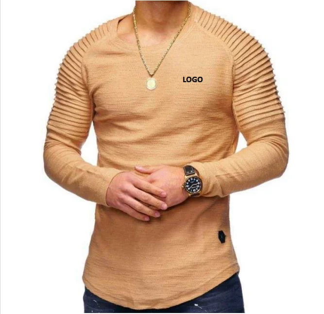 

OEM/ODM Custom Solid Color Long Sleeve Round Neck Pullover Casual Striped T Shirt For Men, As picture