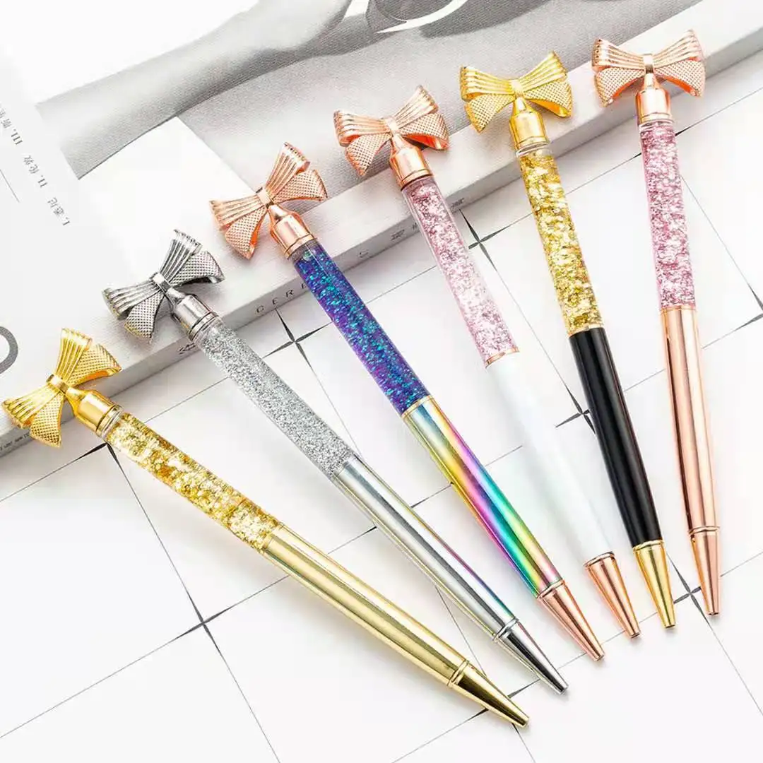 

Bow top ball pen with glitter bling bling liquid ball pen for girls