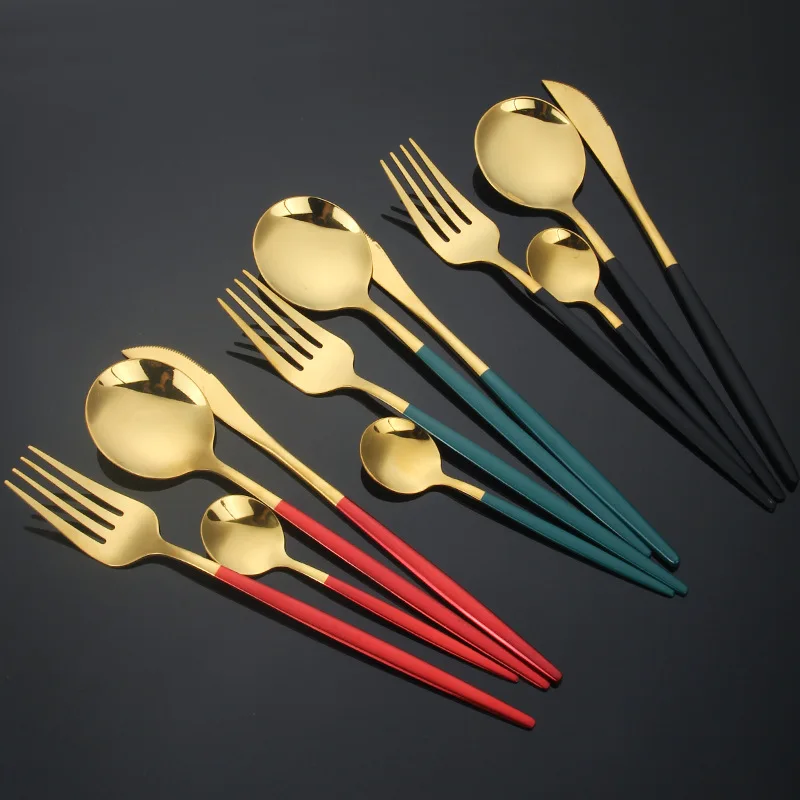 

4Pcs/Set Restaurant Travel Portable Gold Cutlery Sanding Dinner Knife Fork Spoon Stainless Steel Dinnerware Sets