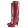 Women's Fashion Red PU Leather Block Chunky High Heel Knee High Long Boots