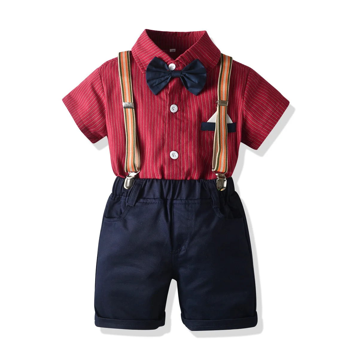 

High Quality Pure Color Stripe Tops and Suspender Shorts Baby Boy Clothes Set, 2 colors