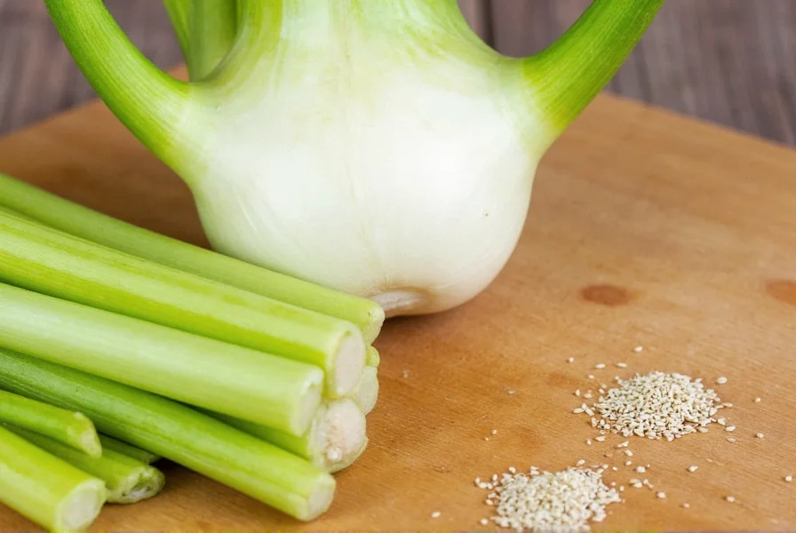 Close-up comparison of fennel bulb next to celery stalks and茴香 seeds on wooden cutting board