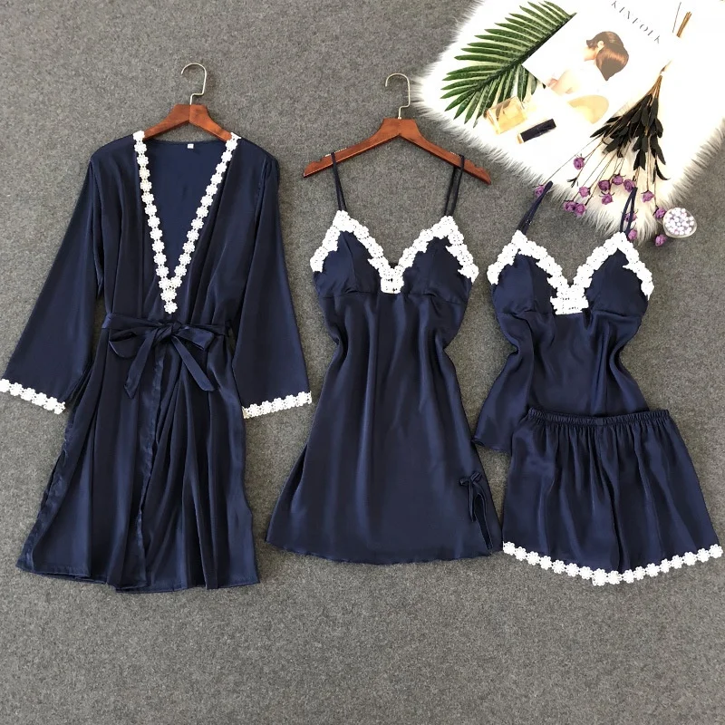 

Wholesale Four Pieces Lady Sleepwear Silk Satin Women Nightwear Lace Trim Pyjamas Set