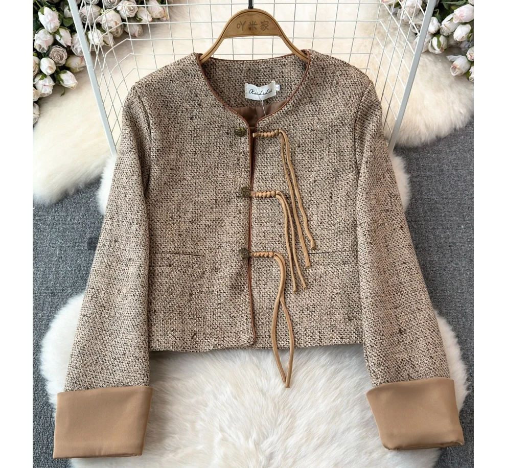 

Elegant Women's Top Button Short Coat Spring New Style Round Neck Loose Retro Versatile Long Sleeve Coat