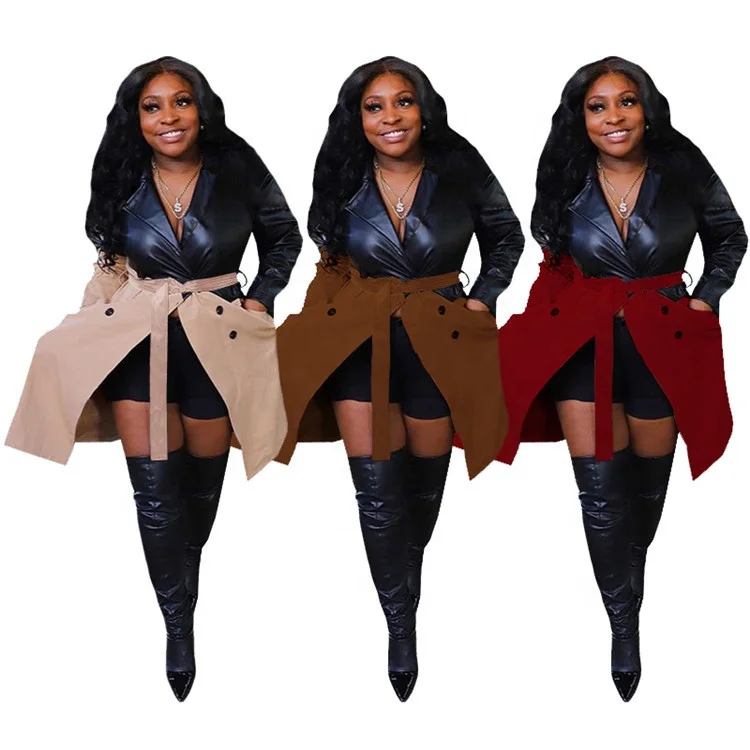 

MT197-8083 Women's fashion casual PU leather stitching long coat windbreaker jacket casual women clothing