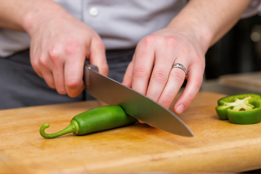 Chef's hands demonstrating proper grip while cutting green pepper on wooden cutting board