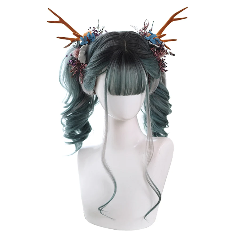 

Gray Green Gradient Gray Gradient Green Long Wavy Synthetic Hair Wig Japanese Lolita Sweet Cosplay Party Wigs, Pic showed