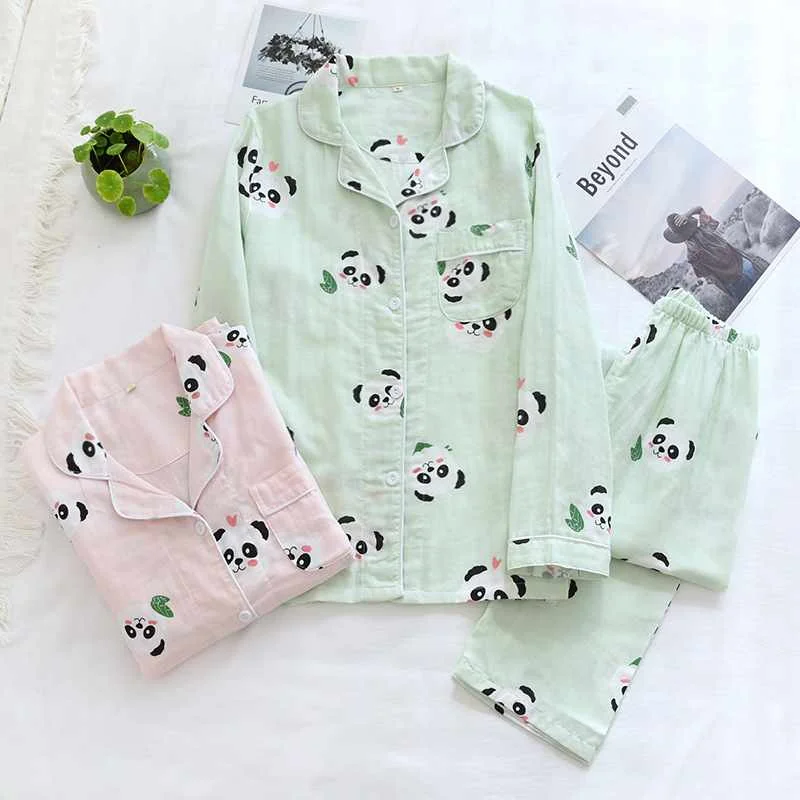 

New Spring and Summer Pure Cotton Ladies Two-piece sleepwear Four Seasons Wear Long-sleeved Trousers Home Service Plus Size Suit, Powder, green