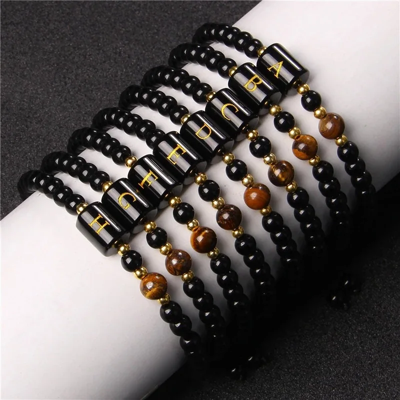 

Amazon New Arrivals 26 Initial Black Onyx Beaded Bracelet Fashion Tiger Eye Stone Braided Rope Bead Bracelet for Men Women