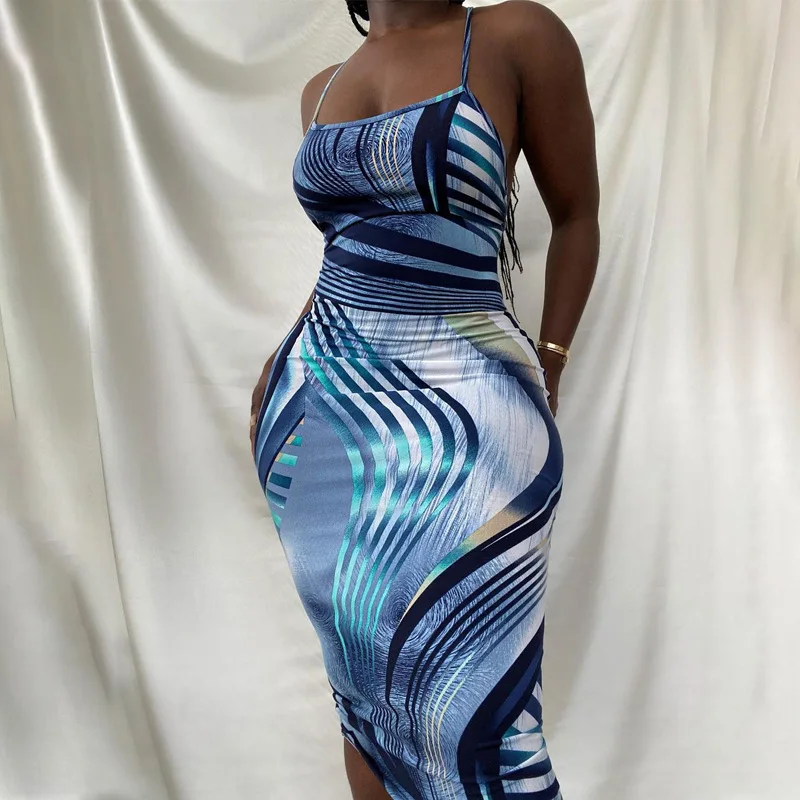 

Summer Ready To Ship Hot Sale Sexy Sling Wrap Blue Backless Midi Dresses For Women