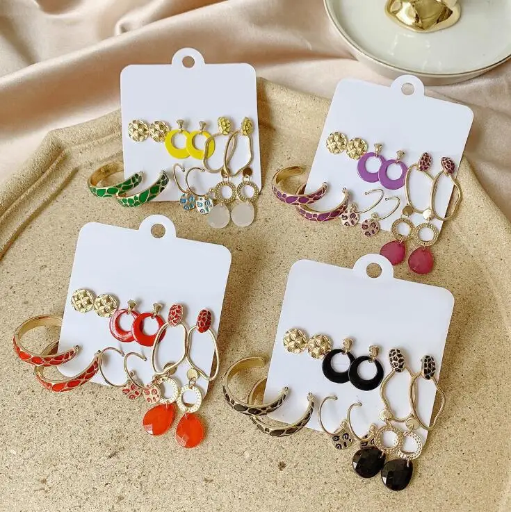

6 pair/set Hot sale fashion bohemian oil drip enamel geometric tassel earring set
