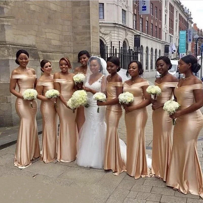 Dark Champagne Satin Sheath Bridesmaid Dresses Off Shoulder Maid Of Honor Gowns