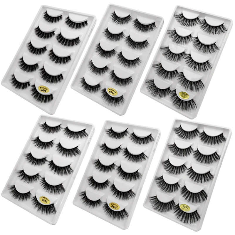 

G600-G605 5 Pairs eyelashes with eyelash packaging box custom 3D Faux Mink False Eyelashes Wispy Fluffy Cross Long Lashes