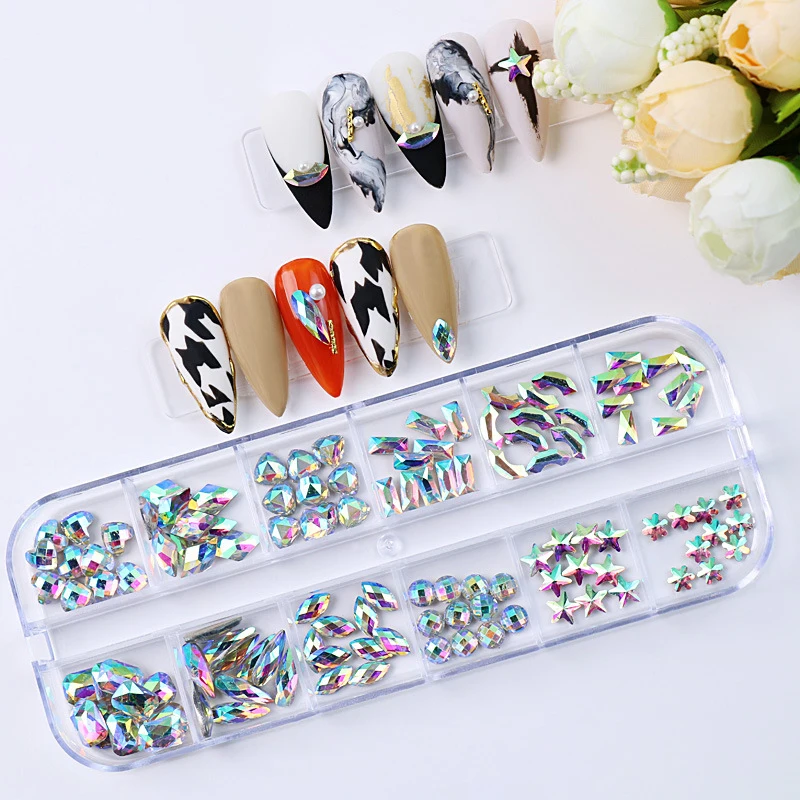 

Paso Sico Hot Selling Shiny Glass AB  Sizes Mixed Flat Back Nail Rhinestone with box 3D Nail Art