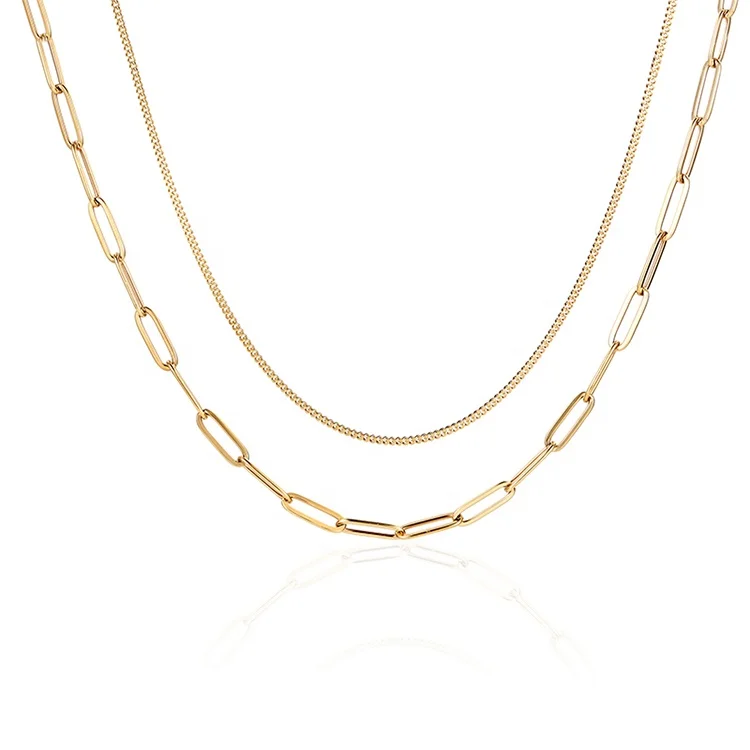 

Stainless Steel Jewelry Women 18K Gold Chokers Paperclip Link Double Layered Chain Necklace