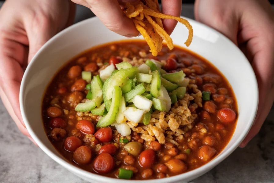 Close-up of hands adding various toppings to a bowl of chili