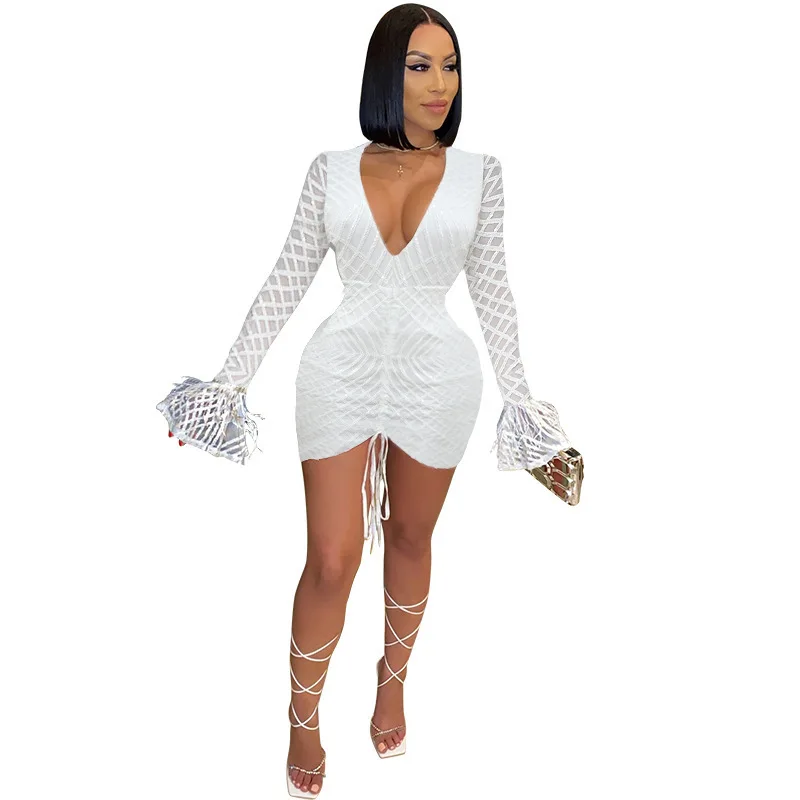 

Beautiful Deep V Neck Mesh Patchwork Sequin Long Sleeve Dress Special Occasion Outfits 2021 Crystal Gown For Womens