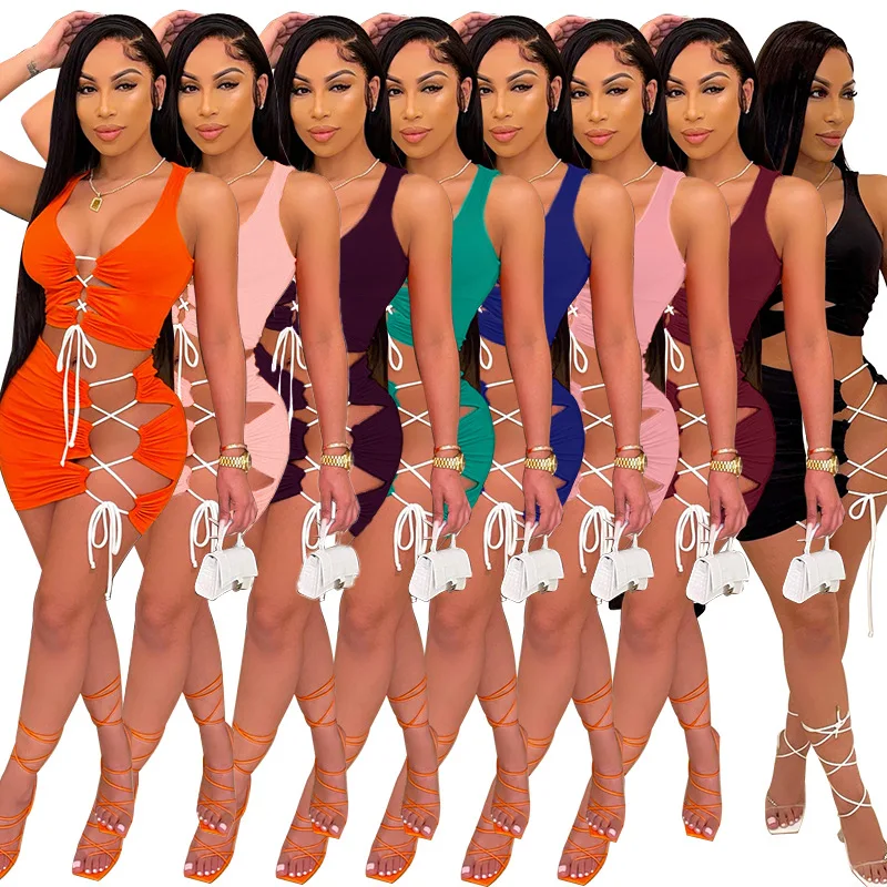 

Trendy women clothing bandage sexy mini skrit suit and crop tank top set summer club wear 2021 outfit two piece skirt set, Picture