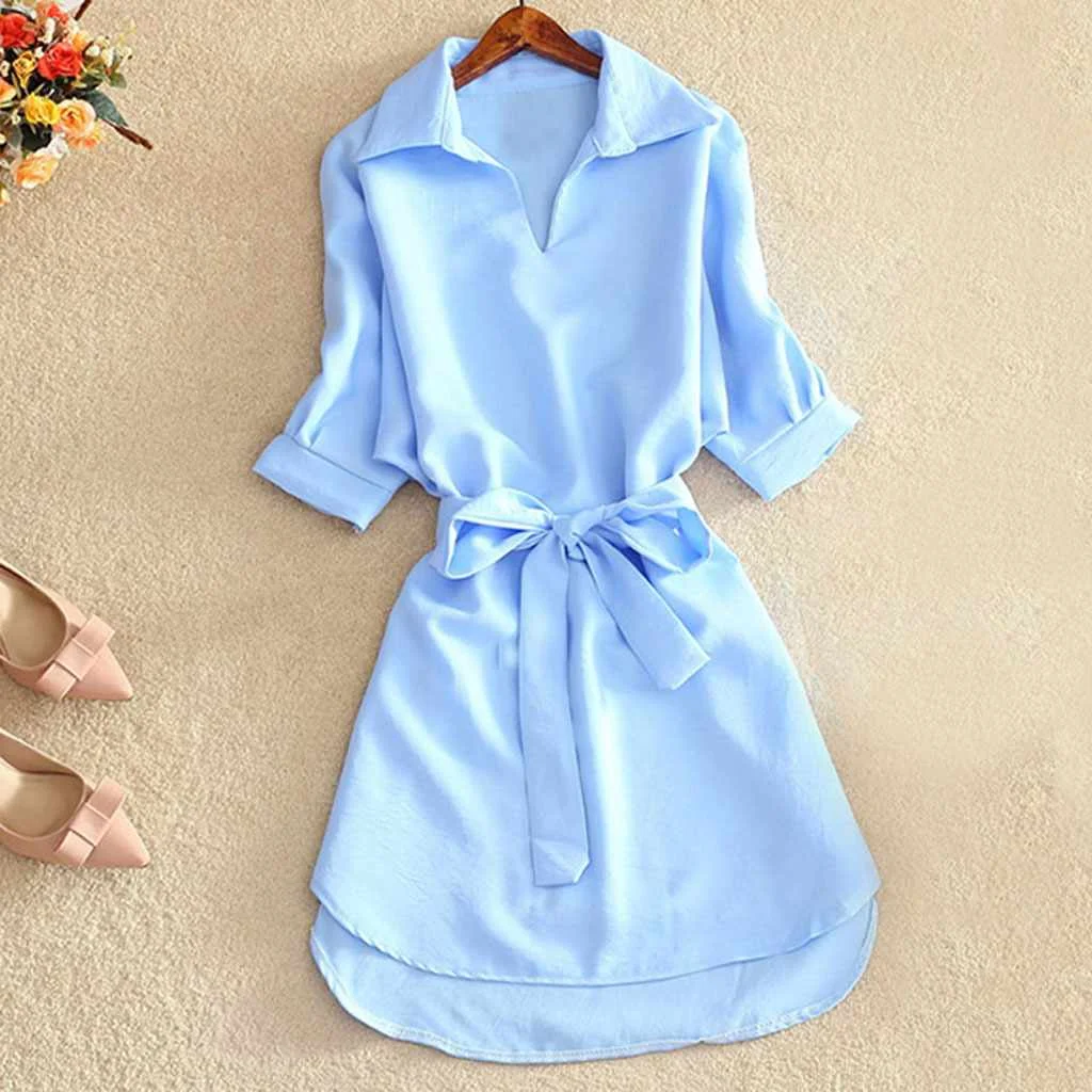 

Shirts Women Summer Casual Dress Fashion Office Lady Solid Red Chiffon Dresses For Women Sashes Tunic Ladies