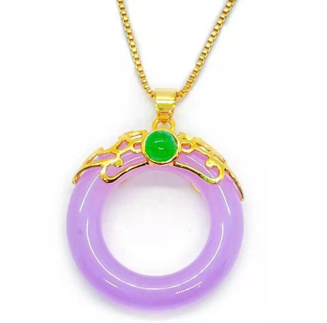 

New styles 2021 ins fashion women lavender jadeite ring pendant Chinese agate circle jade gold pendant necklace