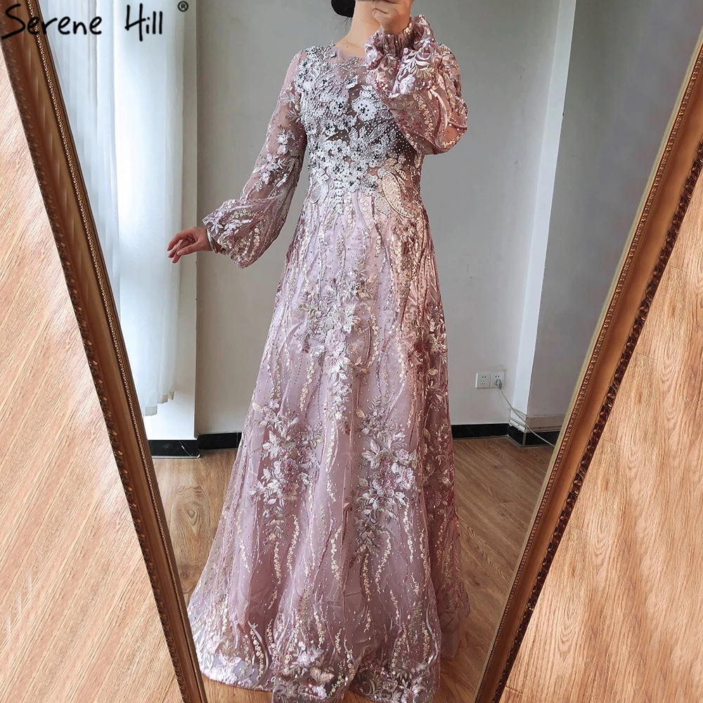 

Elegant Muslim Pink Beaded Lace A Line Evening Dresses 2021 Serene Hill LA70779 Full Sleeves Neck Long Party Gowns For Women