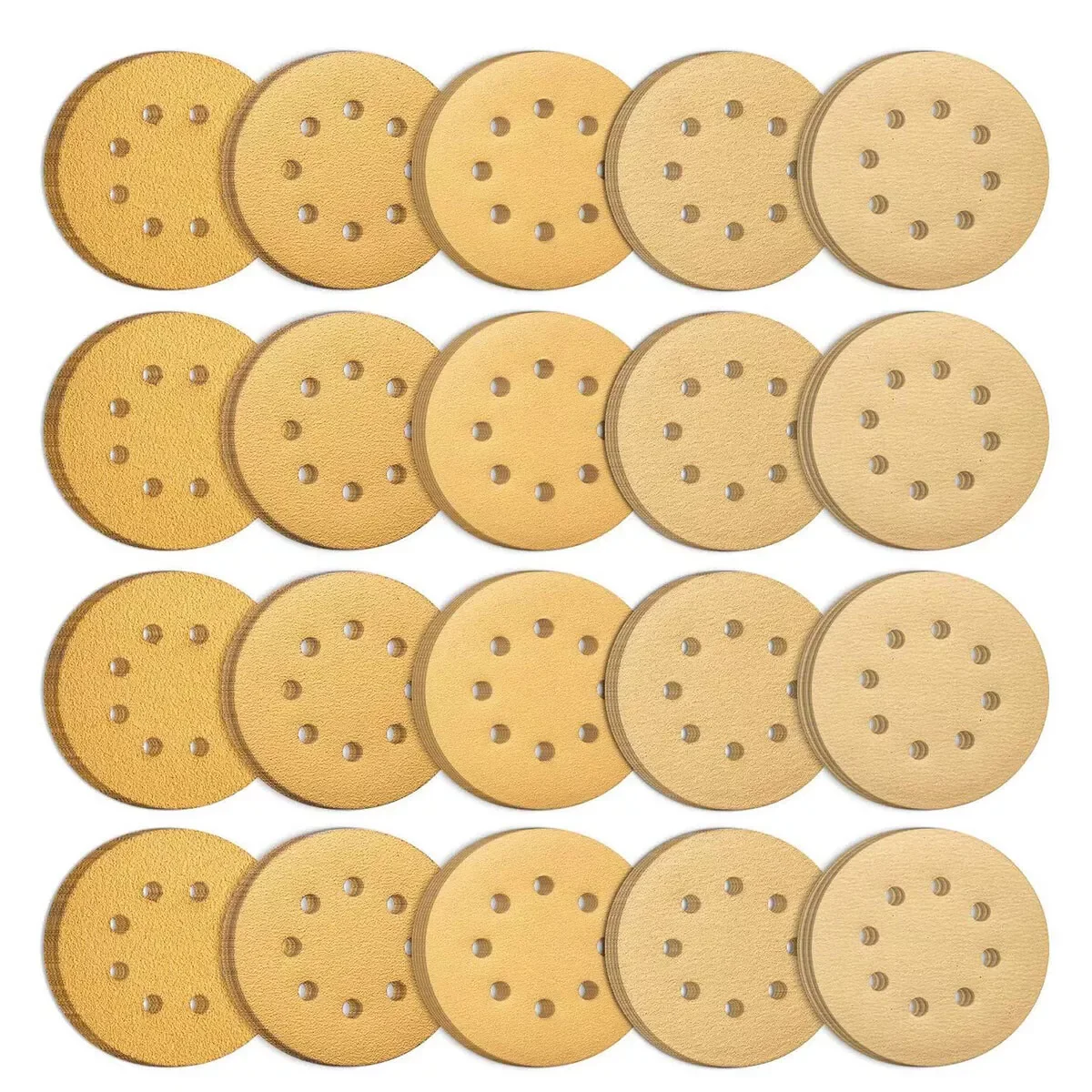 750Pcs/Carton 5 Inch Sanding Discs 240 500 600 800 Grits Gold Sanding Discs Hook and Loop 8 Holes Sandpaper Orbital Sander