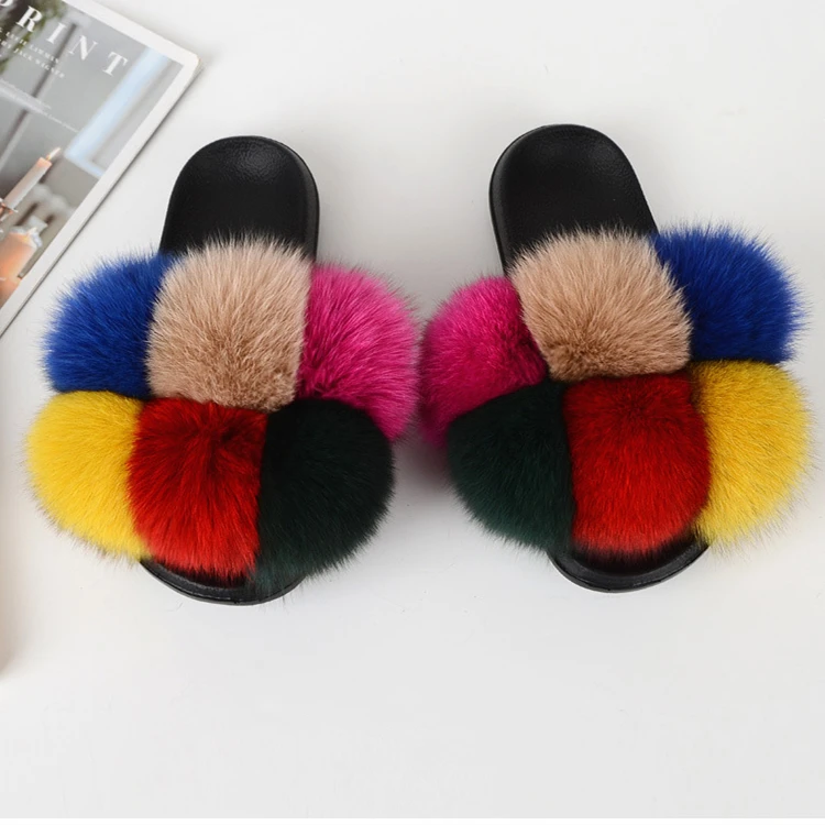 

New trendy lady's fur slippers mixed color 6 balls fur flat sandals fox fur pom pom slides for women