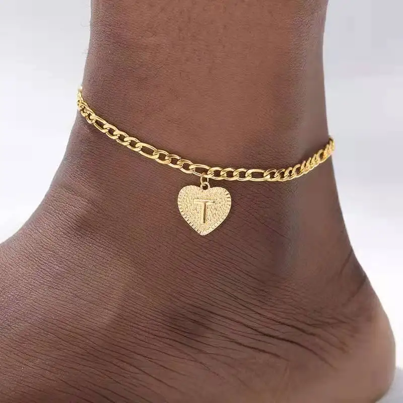 

Customized Couple Heart-shaped Stainless Steel A-Z 26 Letter Initial Anklet Necklace Set, Picture shows