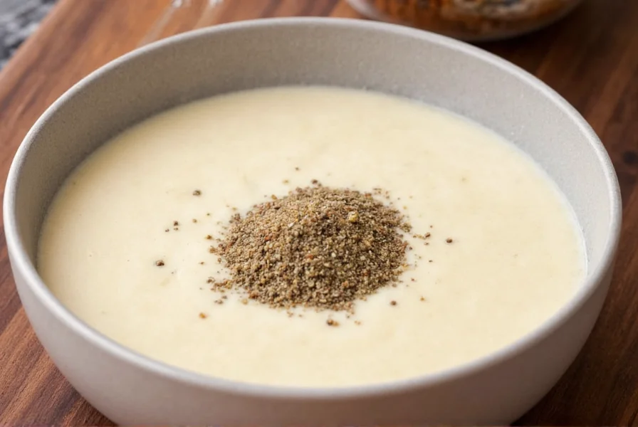 Chef seasoning a creamy white sauce with alternative pepper substitute for cooking demonstration