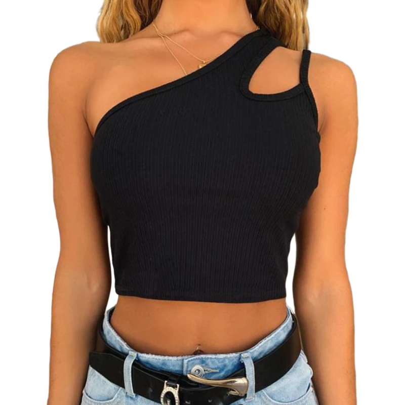 

Candice wholesale cotton casual design bodycon shirt Asymmetric oblique sling Hollow out one shoulder crop top fitness