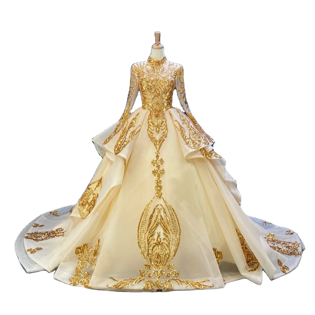 

A-line Wholesale Gold& Ivory Sequin lace ball bridal dress luxury Long sleeves wedding dress long train ball gown, Custom made