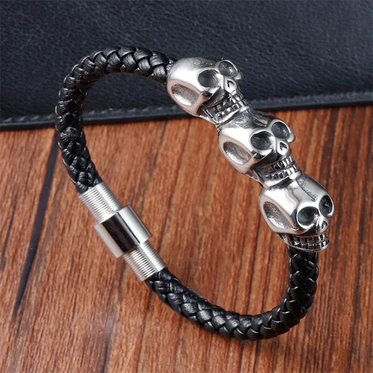 

Good Quality Bangle Bracelet Leather Braided Skull Head Stainless Steel Men Bracelet Genuine Leather Bracelet