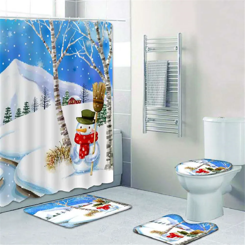 

Shower Curtain Merry Christmas Snowman Gift Teal Shower Curtain Bathroom Decoration Polyester Fabric Waterproof and Mildewproof, Customized color