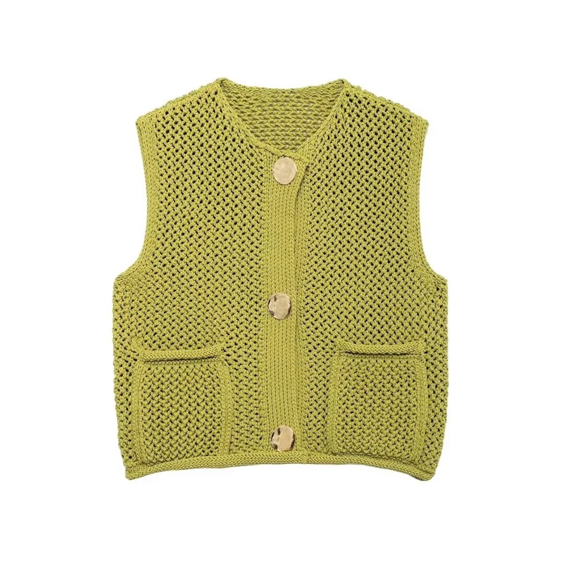 ZATRHMBM Autumn Women's Knit Sweater Vest Top 2024 New Fashion Round Neck Sleeveless Single-Breasted Knit Sweater Undershirt Top