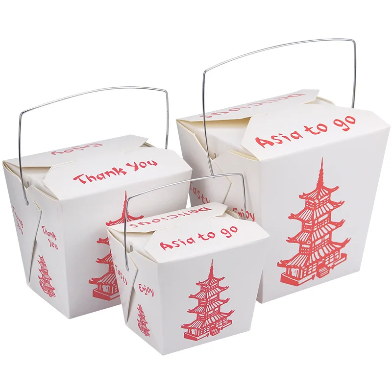 

China Manufacturer Wholesale 8oz 16oz 26oz 32oz Food Grade PE Coated Paper Rice Noodle Box Takeaway Packing Box With Handle