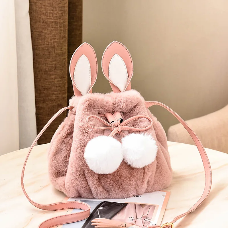 

Autumn And Winter Plush Rabbit Ear Girl Crossbody Bag Lovely Hairball Bucket Bag