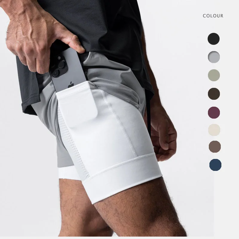 Mens 7 Inch Liner Shorts Double Layer With Zipper Breathable Stretch Running Training Sports Casual Quick Dry Gym Shorts