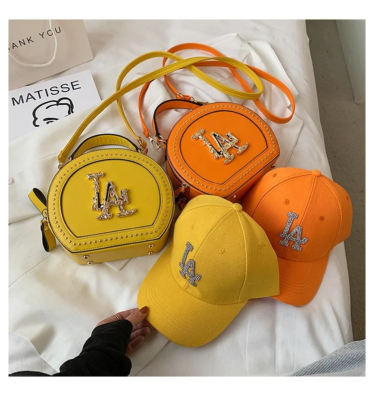 

2021 Stock Quick Shipping Latest Women LA hats and purse set hand bags and hats Pu LA purse and hat set