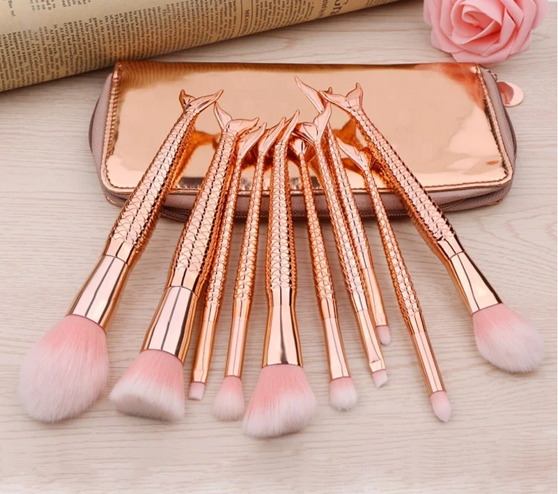 

Fashion 10pcs mermaid makeup brush rose gold make up brush set with pu pouch