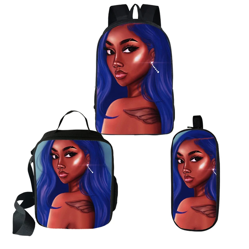 

Fashion Africa Girl Print 3Pieces/Set Bags School Backpack and Lunch Bag with Pencil Bag 3 pcs/set Black Girls Kids School Bags