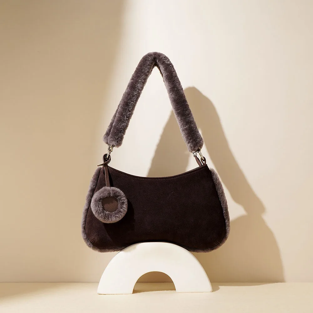 Frosted Genuine Cowhide Leather Half Moon Bag with Detachable Plush Handle Minimalist Hobo Shoulder Bag for Winter Boutique