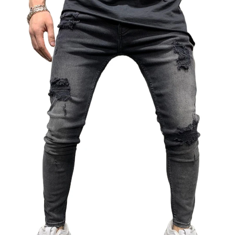 

Conventional Simple Jeans for Men Black Ripped Small Feet Autumn Winter Trousers High Quality Cheap Men Jeans